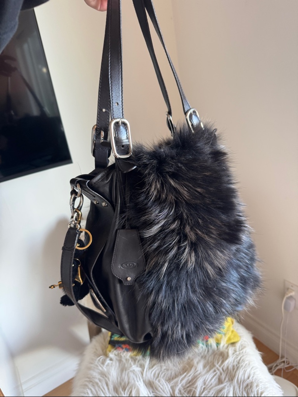 Tod's Vintage Fox Fur Leather Shoulder Bag With Prada… - Gem
